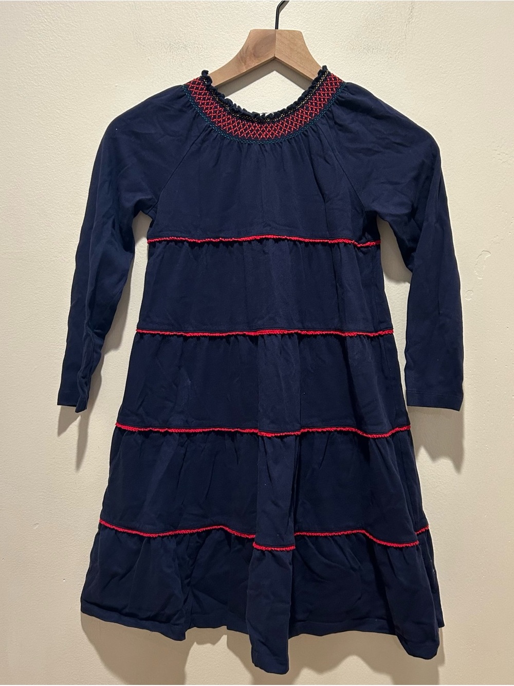 Hanna Andersson Navy Dark Blue with Red Highlights Tiered Swing Dress - Girl’s 8